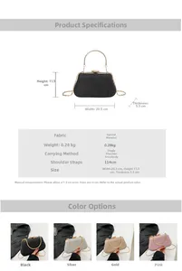 Detailed size specifications and color options for the glitter evening clutch bag