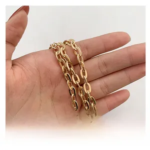 Detailed view of elegant gold metal chain shoulder strap with oval link design