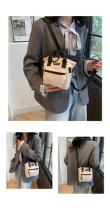 Detail shots of beige canvas crossbody bag with black handles and sport label
