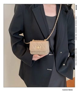 Detail of mini quilted beige crossbody bag with gold twist lock and chain strap