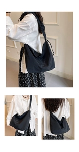 Detailed views of a black nylon shoulder bag featuring ruffled knot strap design