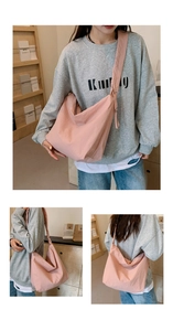 Three-angle view of a large pink drawstring crossbody bag made of lightweight nylon