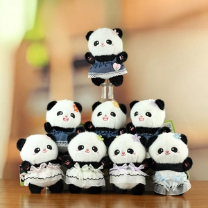 Cute Panda Plush Toy Pendant With Denim Lace Dress Bow Heart Decoration Soft Stuffed Panda Doll Keychain For Bag Accessories
