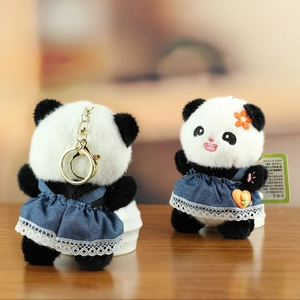 Cute panda plush keychain with orange flower and blue denim dress, set of two pieces