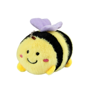 Cute yellow bee plush keychain with soft stripes and silver metal clip for backpacks