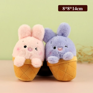 Cute pink and purple plush bunny ice cream cone toys with waffle texture, 8x8x14cm size