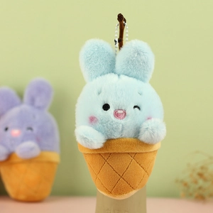 Close-up of a plush light blue bunny head in a brown ice cream cone charm with silver chain