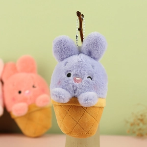 Cute purple plush rabbit sitting in an ice cream cone with white metal bead chain