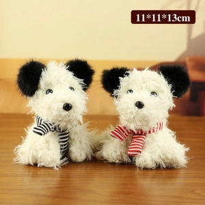 Cute Westie plush toy charms with striped neckerchiefs on a wooden surface