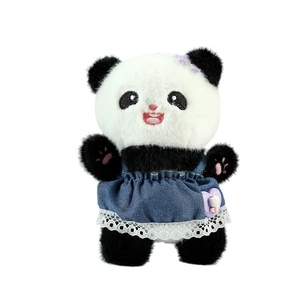 Cute plush panda doll in blue denim dress with lace trim and purple flower accessory
