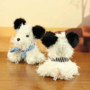 Detail of West Highland White Terrier plush charms with striped scarves and bead chains