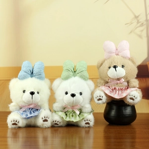 Cute Plush Teddy Bear Keychain With Big Bow Checkered Dress Stuffed Animal Bag Charm For Schoolbag Pendant Girls Kids Gift
