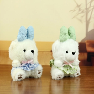 Cute white plush bear dolls with blue and green checkered dresses for bags