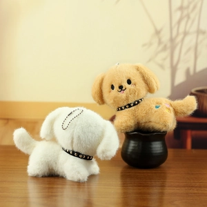 Cute plush puppy charms in white and brown with heart embroidery and silver bead chain