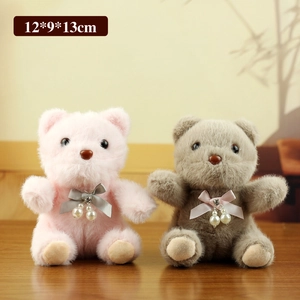 Cute pink and grey plush teddy bear charms with pearl bow ties, 12x9x13cm size
