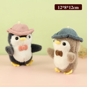 Adorable penguin plush keychain dolls in grey and brown with velvet hats for bags
