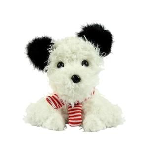 Cute white Westie plush keychain with large black ears and a red striped scarf