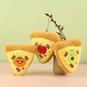 Plush pizza charm set with cute fruit embroidery faces and silver keychains