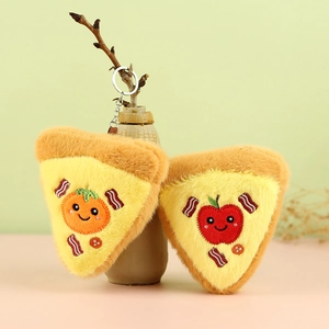 Cute plush pizza keychain with fruit embroidery and metal ring on soft pastel background