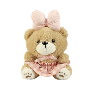 Cute beige teddy bear plush keychain with pink bow and heart pattern checkered dress
