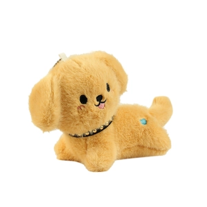 Cute yellow plush puppy charm with black studded collar and blue heart embroidery