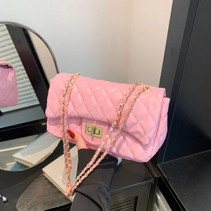 Quilted Crossbody Bag PU Leather Gold Chain Shoulder Handbag Elegant Turn Lock Small Square Minimalist Daily For Women