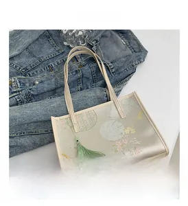 Detailed close-up of beige tote bag featuring floral embroidery and teal tassel ornament