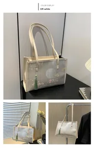 Close-up of silk-textured tote bag with floral patterns and a light green tassel charm