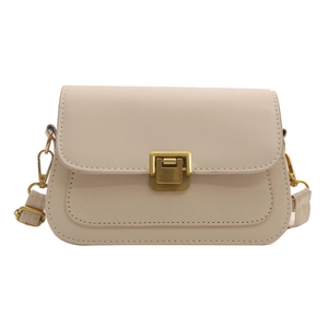 Minimalist cream white rectangular crossbody bag with vintage gold buckle and topstitch detail