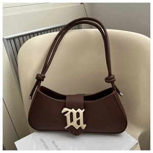 Baguette Underarm Bag PU Leather Retro Gothic Metal Letter Buckle Trendy Versatile Shoulder Purse For Women