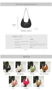Detailed PU leather crescent underarm bag size chart and multi-color selection display
