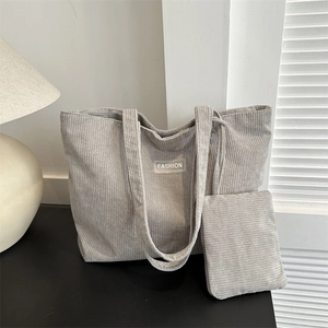 Large Corduroy Tote Bag For Women Striped Shoulder Bag With Pouch Commuter Handbag Retro Casual Shopping Daily Travel Bag