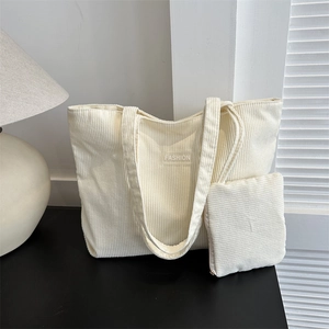 Large white corduroy tote bag with fashion patch and matching zipper pouch for women
