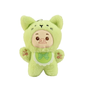 Mignon pendentif cochon en peluche vert avec capuche de chat pour sacs et clés