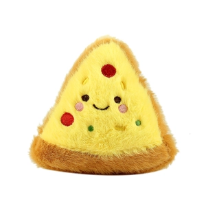 Cute plush pizza keychain featuring a smiling face and colorful cheese toppings