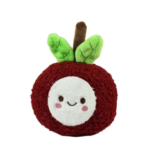 Cute red mangosteen plush toy with a smiling face and green leaves on white background