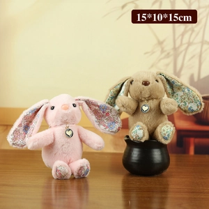Plush long-eared rabbit pendants in pink and brown with floral accents, 15x10x15cm