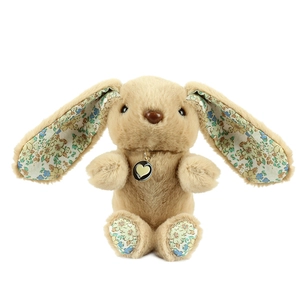 Cute long-eared brown plush rabbit keychain with floral fabric ears and gold heart pendant