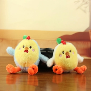 Detailed close-up of fluffy chick plush keychains with soft textures on wooden table