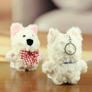 Simpatico portachiavi a forma di cane Westie in peluche bianco con fiocco scozzese rosso