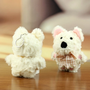 Dettaglio del portachiavi a cucciolo di peluche bianco con fiocco a quadri e ricamo rosa