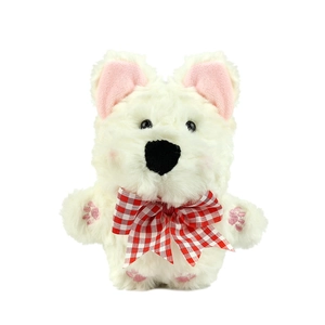 Ciondolo peluche cucciolo West Highland bianco con fiocco a scacchi e stampe di zampe