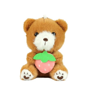 Schattige bruine teddybeer pluche hanger met roze aardbei voor tas of sleutelbos
