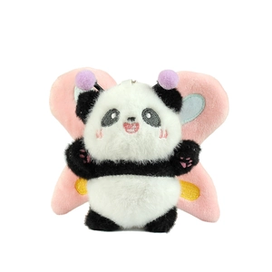 Cute panda plush keychain with pink butterfly wings and purple antennae on white background