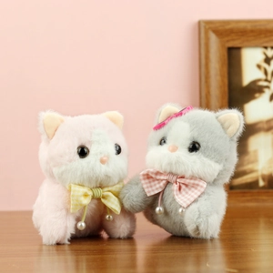 Cute plush cat keychain with sunglasses and pearl bow, gray and pink soft toy set