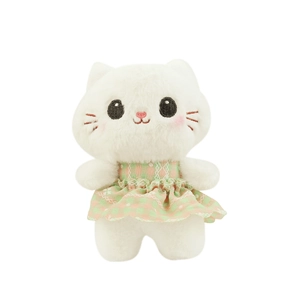 Cute white plush kitten doll in pink and green plaid lace dress with soft fur texture