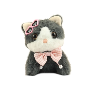 Cute plush grey and white cat toy with pink sunglasses and checkered bowtie keychain