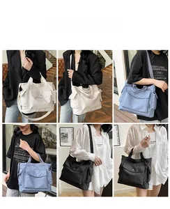 Multi-angle view of casual large capacity canvas tote bag showing various carrying styles