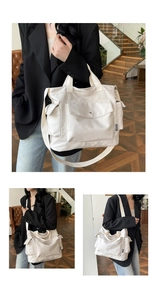 Détail du sac cabas en toile blanc cassé avec bandoulière réglable et poche frontale