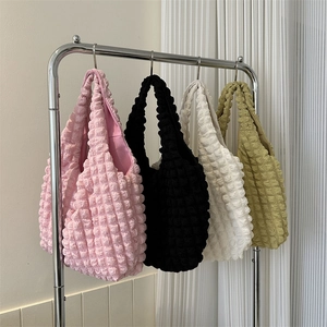 Chic bubble pleated cloud shoulder bag in pink, black, white, and olive green colors